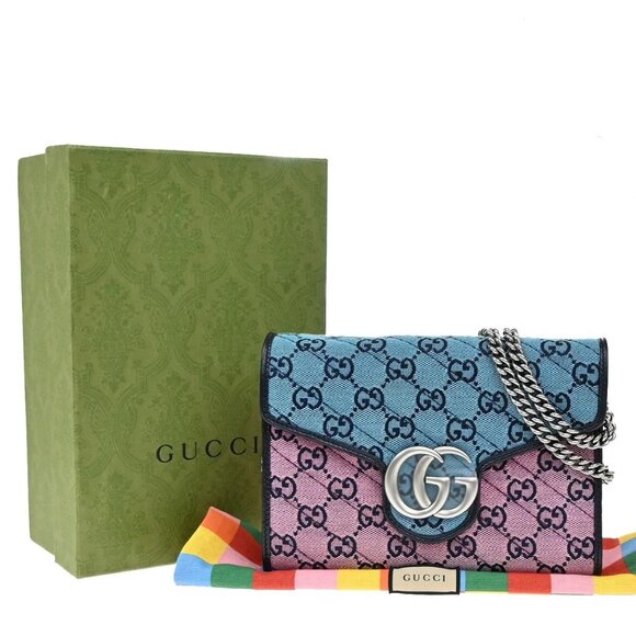 GUCCI Marmont Chain Wallet Mini Shoulder Bag Canvas Leather Pink Blue 838-082025 - Picture 1 of 13